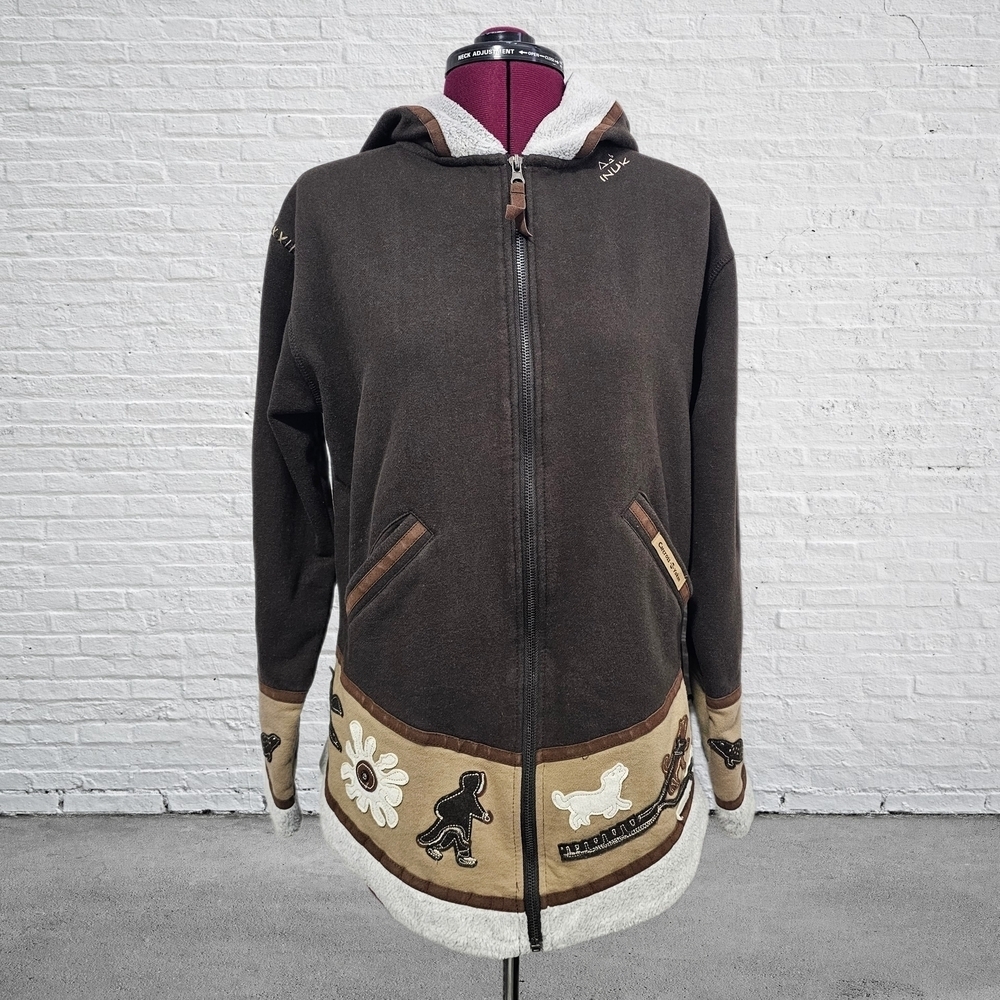 INUK Hooded Jacket Coat Embroidered Trim Women's Brown Cream